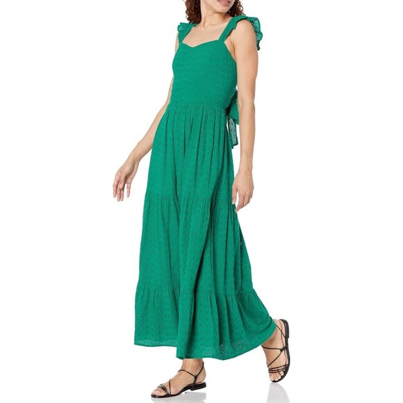Green Eyelet Ruffle Strap Tiered Maxi Dress With Back Tie Detail - Picture 4 of 4